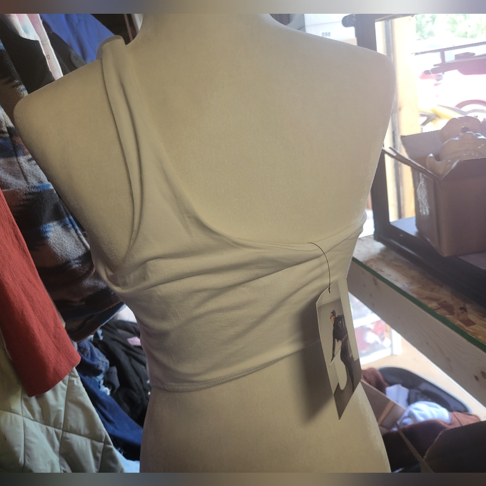 Naked Wardrobe NWT White 1‎ Shoulder Crop Tank Women's Size Large - Picture 3 of 5